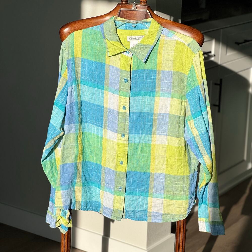 Coldwater Creek Linen Blend Plaid Button Front Shirt XL Coastal Blue Green